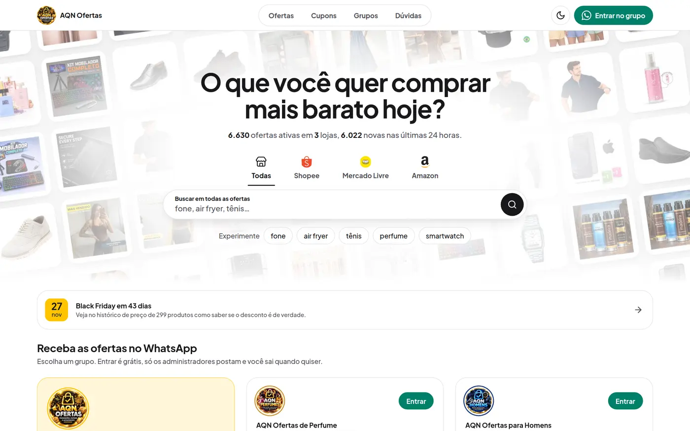 Página inicial do site AQN Ofertas, com a busca de ofertas e as lojas Shopee, Mercado Livre e Amazon