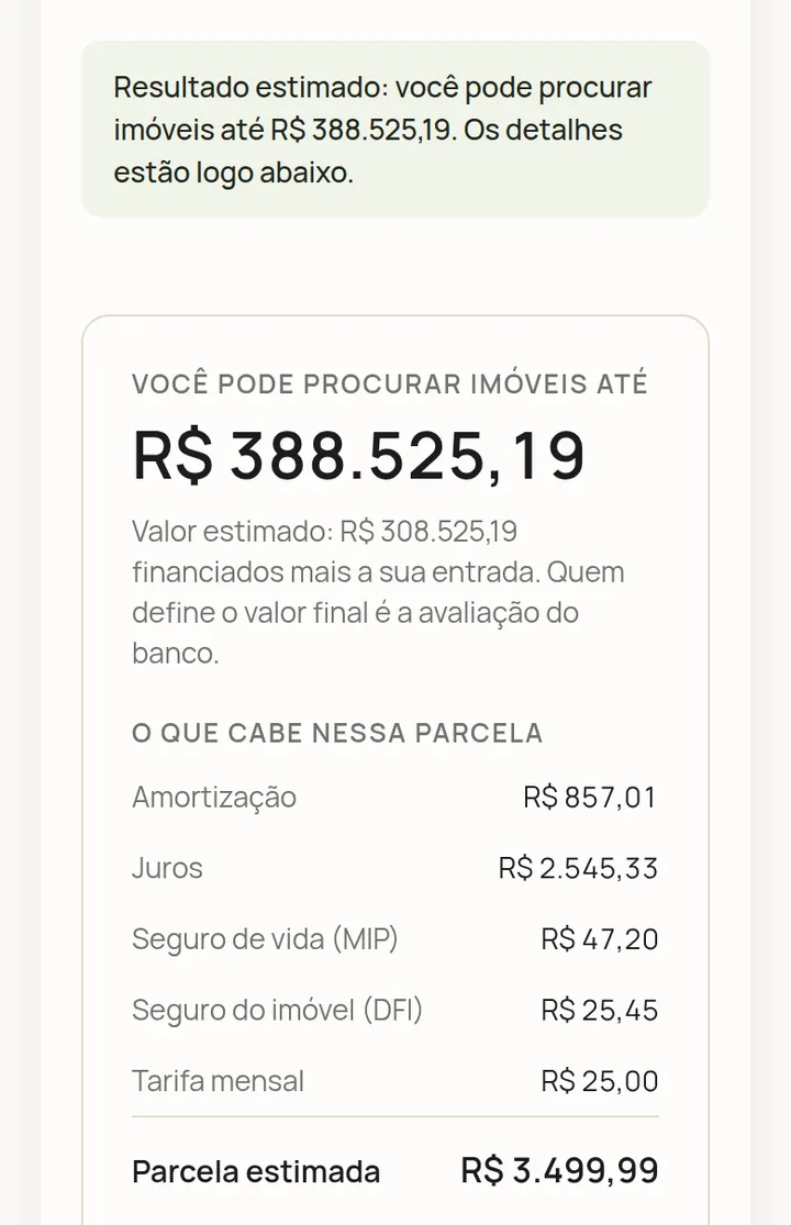 Simulador da Butique do Crédito no celular, com o resultado estimado e a parcela detalhada em amortização, juros, seguros e tarifa