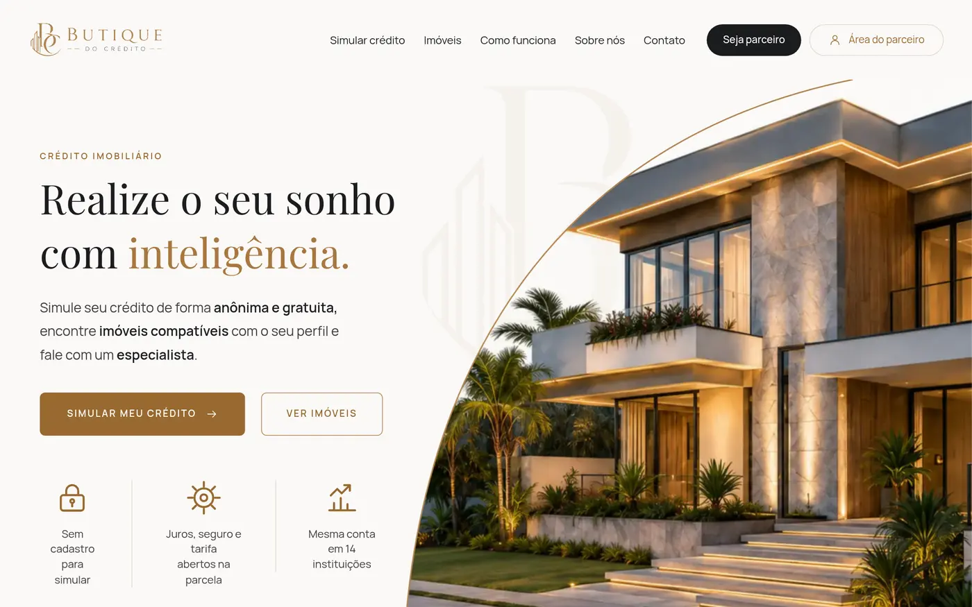 Página inicial da Butique do Crédito, com a chamada para simular o crédito e a foto de uma casa