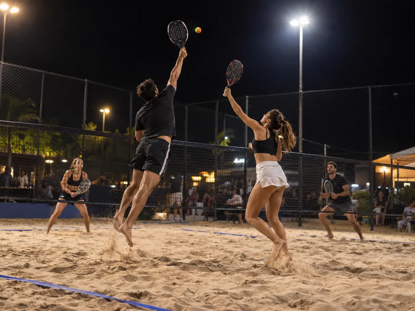 Ilustração gerada por IA: jogo noturno de beach tennis numa quadra de areia iluminada