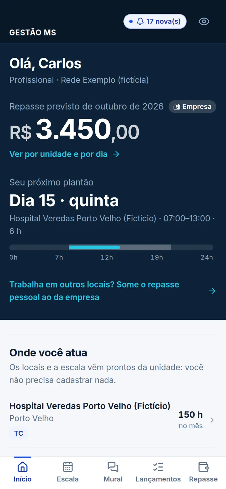 Tela inicial do Gestão MS no celular, com o próximo plantão e o repasse previsto do mês