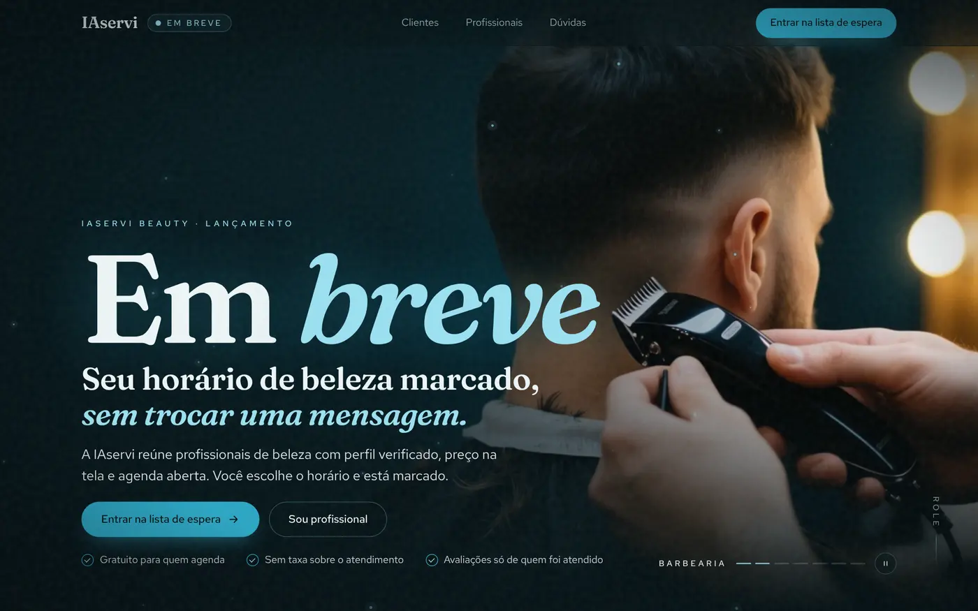 Página de lançamento da IAservi, com a chamada Em breve e a lista de espera