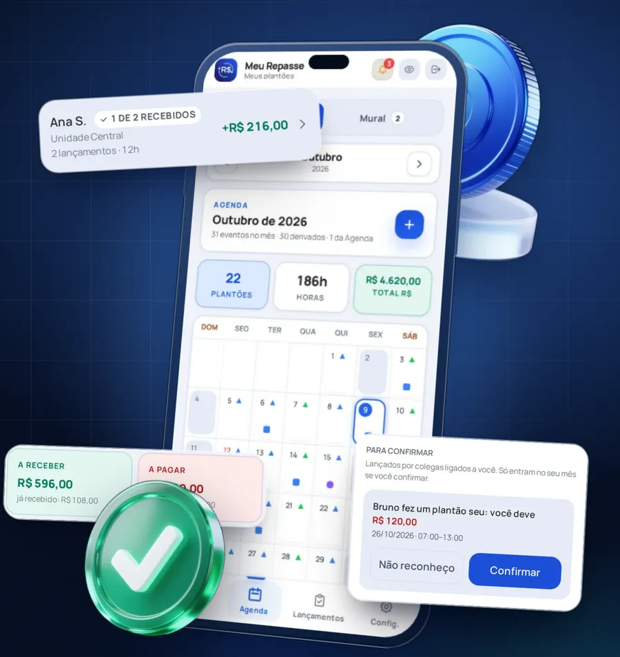 Aplicativo MeuRepasse no celular, com o calendário de outubro, total de plantões, horas e valor do mês