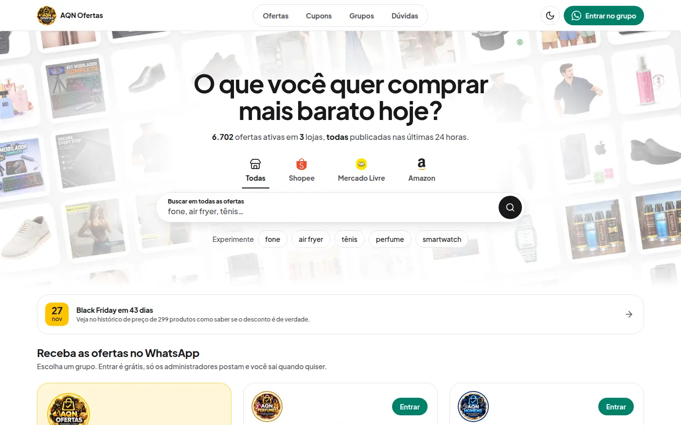 Página inicial do site AQN Ofertas, com a pergunta "O que você quer comprar mais barato hoje?", a busca de ofertas e as abas por loja